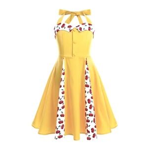 Tonval Cherry Patchwork Girls Size 130cm Halter 50s Vintage Yellow Dance Dress